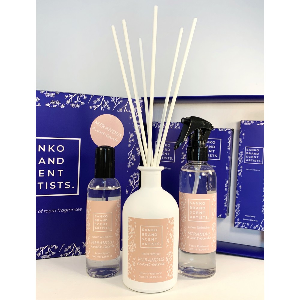THE KIT MIRANDUS AVANT-GARDE- Κασετίνα με 3 προϊόντα: 1 Mirandus Reed Diffuser αρωματικό χώρου 250 ml, 1 Mirandus Eau D’Ambiance αρωματικό χώρου room pump 100 ml και 1 Mirandus Linen Refresher αρωματικό για το φρεσκάρισμα των υφασμάτων 200 ml