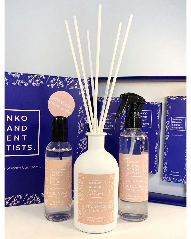THE KIT MIRANDUS AVANT-GARDE- Κασετίνα με 3 προϊόντα: 1 Mirandus Reed Diffuser αρωματικό χώρου 250 ml, 1 Mirandus Eau D’Ambiance αρωματικό χώρου room pump 100 ml και 1 Mirandus Linen Refresher αρωματικό για το φρεσκάρισμα των υφασμάτων 200 ml